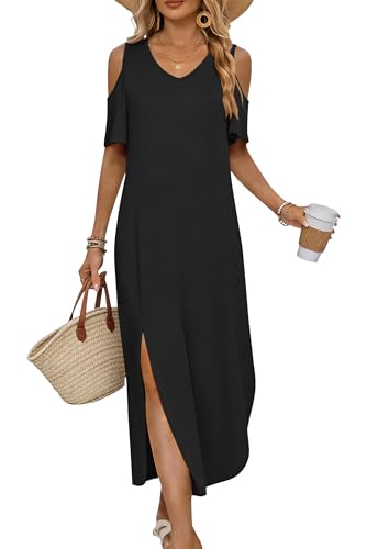 AUSELILY Summer Cold Shoulder Maxi Dresses for Women 2026 V Neck Short Sleeve Casual Long Beach Dresses with Split Side Pockets Black Medium