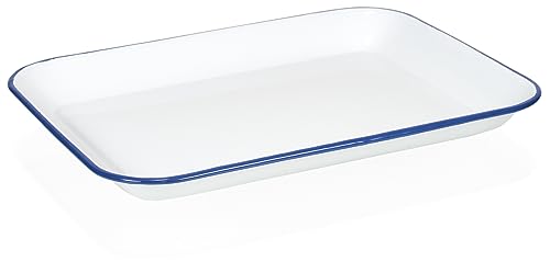 Red Co. 13.5” x 10” Enamelware Metal Classic 1.6-Quart Rectangular Serving Tray, Solid White/Navy Blue Rim