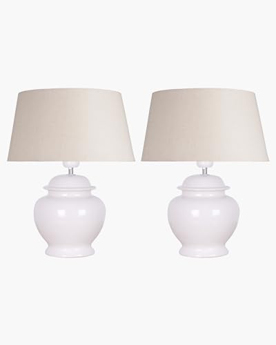 Image of Homesake Ceramic Pot Shaped Base White Led Table Lamp Classic Desk Lamp For Living Room Bedroom, Farmhouse Nightstand Lamps Round, With Shade, (Khadi Pack Of 2)
