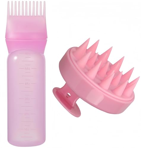 Heyumybit 2 Pezzi Applicatore Olio Capelli,Massaggiatore Cuoio Capelluto + Applicatore Tintura,Flacone a Pettine per Radici,Spazzola Massaggio Cuoio Capelluto per La Casa,Salone per Capelli(Rosa)