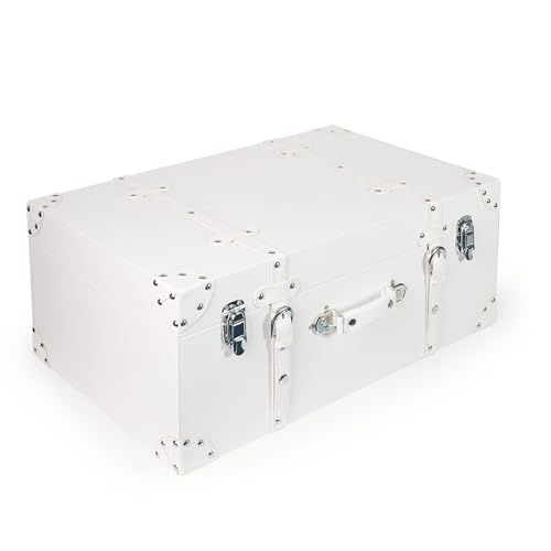 DreamsEden Large Wooden Storage Suitcase, White Elegant Decorative Trunk with Strap Decor, Portable Wood Storage Box Chest Keepsake Case