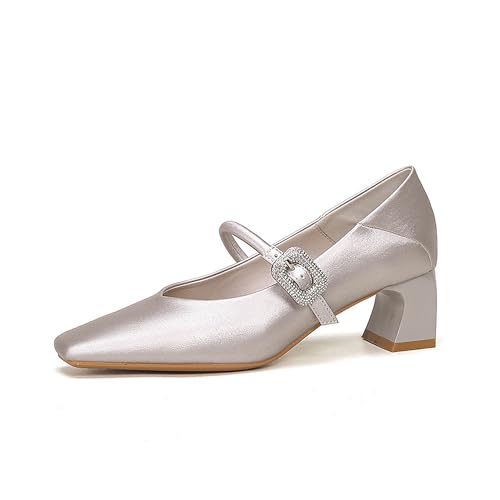 BAICAIBAI Zapatos Mary Jane para Mujer Tira Hebilla Acabado en Punta Cuadrada y Tacón Ancho de 5 Cm Tobillo Calzado High Plataforma Heel Pumps Dress,Silver,37