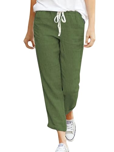 Pantalon en lin femme long Cegerne d'été loose décontracté vert M