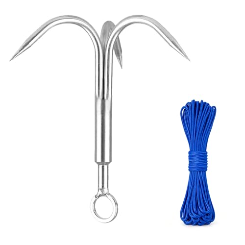 Yiliaw Gaff Hook, Grappling Hook with Rope, 50FT Nylon Rope, Stainless Steel 3-Claw Grapple Hook for Retrieval, Salvage & Magnet Fishing