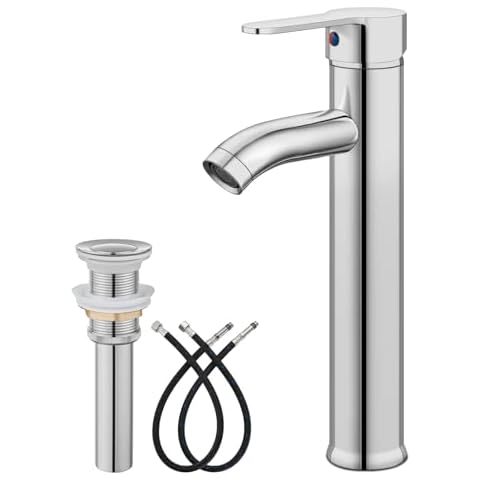 gotonovo Bathroom Faucet One Hole Single Handle Deck Mount Vessel Sink Faucet Lavatory Vanity Modern Tall Mixer Bar Tap with Water Supply Lines and Metal Pop Up Drain Polish Chrome Cover