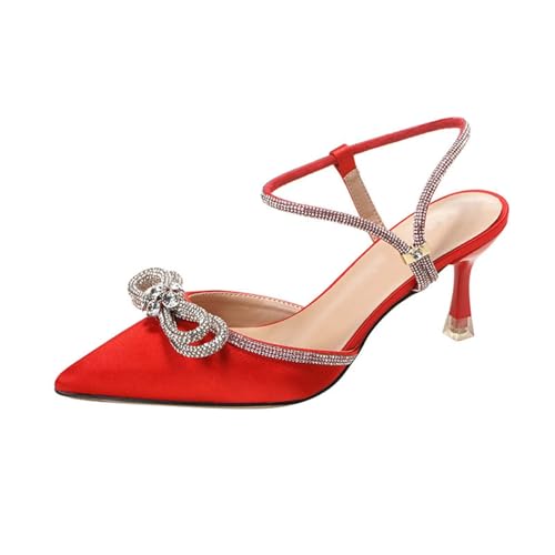 Escarpins à talon aiguille en satin noir bout pointu avec double sangle et nœud strass pour femme
