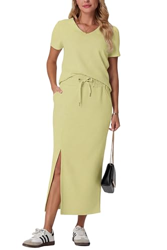 Image of GRECERELLE Women Summer Casual 2 Piece Sets V-Neck Wrinkle-Free Top & Elastic Waist Midi Side Slit Skirt with Pockets