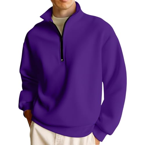 Men's Half Zip Pullover Sweatshirt, Warm Fleece Lined Quarter Zip Jumper with Stand Collar, Casual Long Sleeve Top for Daily & Outdoor Wear Purple