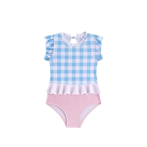 Image of LIZENS Girls' Swimwear One Piece Scoop Neck Ruffle Sleeveless Blue Plaid Beach Bathing Suit for Kids