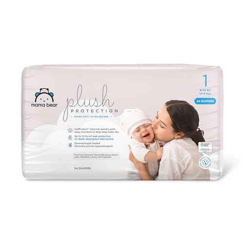 Image of Amazon Brand - Mama Bear Plush Protection Diapers - Size 1, 54 Count, Hypoallergenic Premium Disposable Baby Diapers