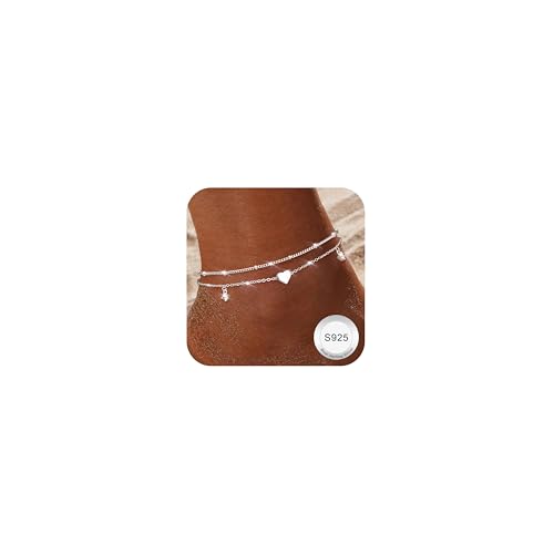 Finrezio Cavigliera Donna Argento 925 Cavigliera Impermeabile a Strati per Donna Regolabile Cuore Perline CZ Bracciale Cavigliere Argento...