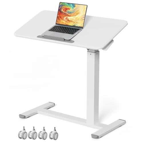 Image of Mobile Standing Desk, Height Adjustable Left /Right Overbed Bedside Table, 90 Tiltable Portable Laptop Desk with Wheels, Foldable Computer Cart for Hospital Home Use, White