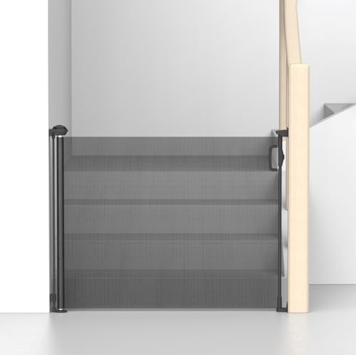 Image of Kids Station Retractable Safety Gate for Toddlers - Barrier Fence - Mesh Baby Gate for Door and Stairs - Retractable Mesh - Height 90cm or 2.9ft - Expandable to 140cm or 4.6ft (Black)