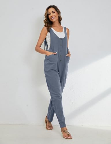 Image of Yeokou Womens Overalls Linen Cotton Jumpsuits Loose Casual Jumpers with Pockets