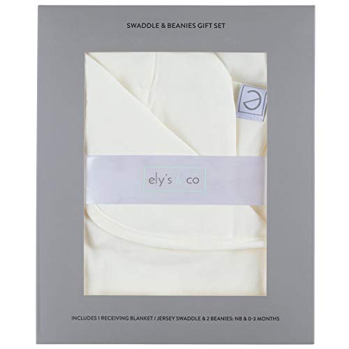 Image of Ely's & Co. Cotton Knit Jersey Swaddle Blanket and 2 Beanie Baby Hats Gift Set, Large Receiving Blanket (Ivory)