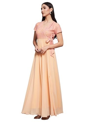 Image of Miss Chase Women's V-Neck Full Sleeve Self Design Lace-Overlaid Georgette Maxi Dress