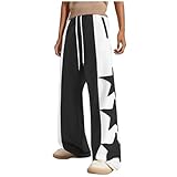Free People Pant Dupe, Palazzo Pants for Women Plus Size, Free People Dupe, Wide Leg Sweatpants Women Elastic High Waist Drawstring Sweat Pants Star Print Workout Pant with Pockets, Black,Small
