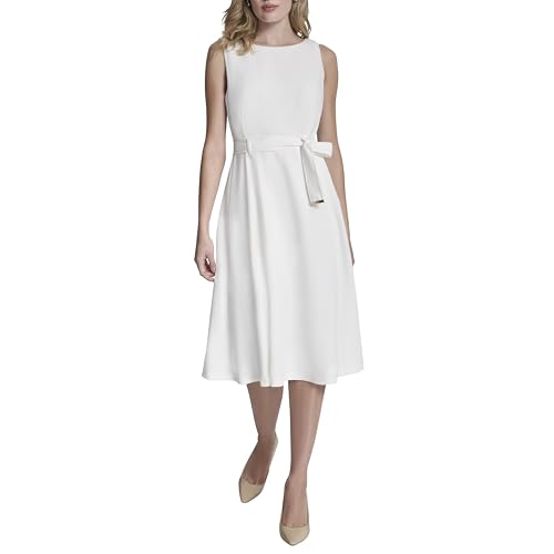 DKNY Women's Sleeveless Jewel Neck Scuba Crepe Belted Midi Dress, Cream, 4
