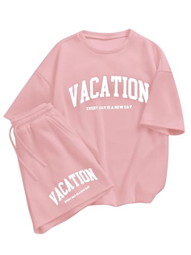 Image of Verdusa Girl's Tracksuit Sets 2 Piece Outfits Letter Print Vacation Tee Top and Drawstring Waist Shorts