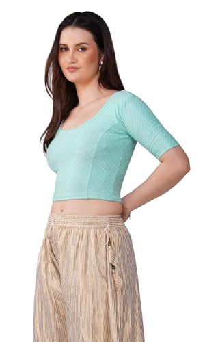 Image of Fressia Fabrics Pure Cotton 4-Way Stretch Readymade Blouse for Women | Free Size to 4XL Stretchable Round Neck Dobby Cotton Half Sleeve Readymade Saree Blouse for Women Stylish