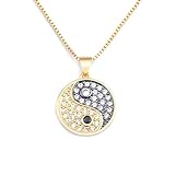 LUSSO Collar de oro amarillo de 14 quilates con colgante de Yin Yang para hombres y mujeres, oro blanco y negro con circonita Taiji Yin Yang