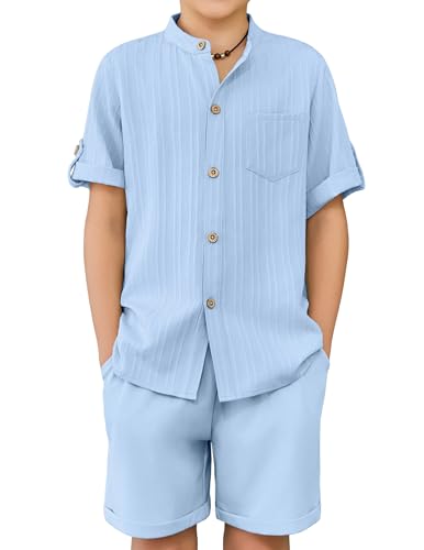 Image of Arshiner Boy's 2 Piece Beach Outfit Short Sleeve Textured Button Down Shirt and Short Sets Summer Vacation Wear 4-12 Years