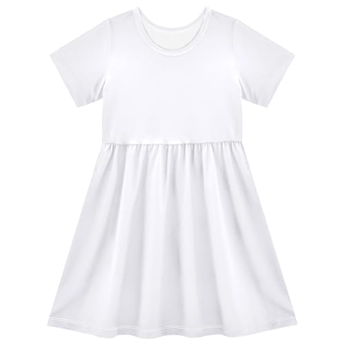 Yuiboo White Color Girls Summer Dresses Short Sleeve Casual Loose Ruffle Dresses for Little Girls