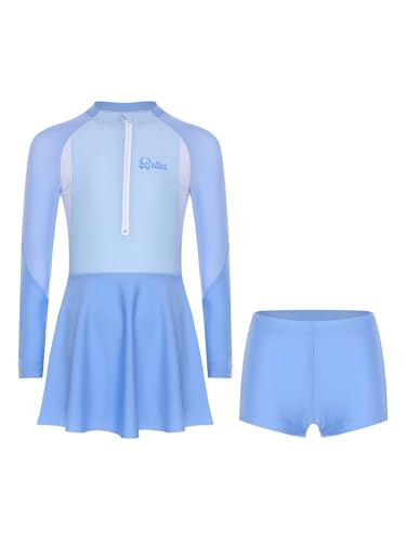 Yartina Girls 2-Piece Athletic Swimsuit Kids Long Sleeve Zip-up Color Block Dress with Shorts UPF 50+ Rash Guard