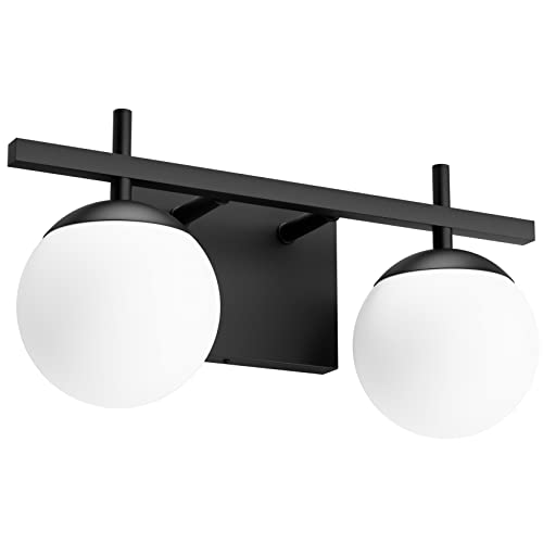 Image of Ralbay Matte Black Bathroom Light Fitures 2-Light Mid Century Modern Bathroom Light Fixture Matte Black Milky Glass Ball Wall Light Black 2 Light