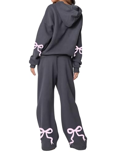 ETCYY NEW Womens 2 Piece Lounge Sets Bow Trim Print Hoodie Set Fall Fashion Oversized Sweatshirts Wide Leg Sweatpants