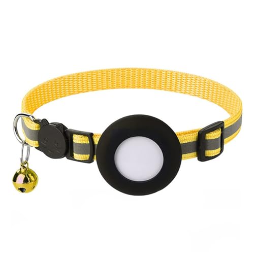 猫用首輪、GPSタグホルダーとベル付きの調節可能な子猫用首輪、猫と子犬用のブレイクアウェイデザインの猫用首輪(22-35cm) (イエロー)