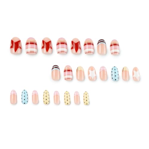 Image of Almond Press on nails Polka Dot Fake Nails Colorful Stripe Nails Press ons | French Tip False Nails with Star Design Glossy Full Cover nails French Tip Stick on Nails for Women Manicure 24Pcs
