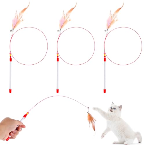LXUEJIE 4 Stück Katzenangel mit Federn, Katzenspielzeug Interaktives Katzenspielzeug Stab 79cm Katzenangel Katzen Spielzeug Katzen Spielstab mit...