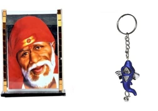 Sai Baba Idol Showpiece Figurine for Car Dashborad Stand WWPT04 with Blue Ganesh Abs Keychain