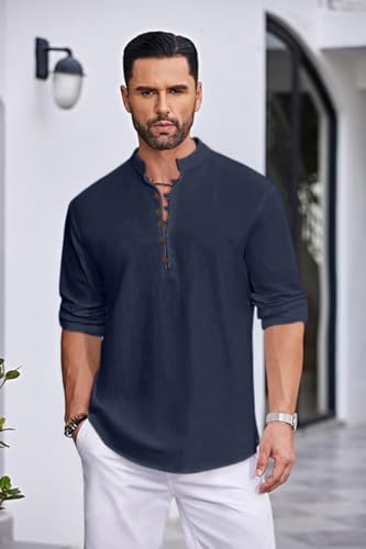 Image of Macsivo Men's Stylish Mandarin Collar Kurta | Casual Ethnic Fusion Shirt for Daily, Party & Travel | Full Sleeves | Cotton Blend Comfort Fit Short Kurta