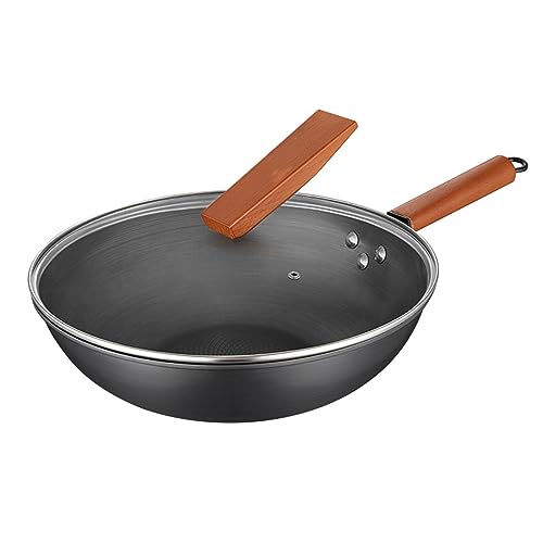 HMWOKPOT Wok Pan with Lid, 12.6in Woks & Stir Fry Pans No Chemical Coated Flat Bottom Chinese Wok for Induction, Electric, Gas, All Stoves