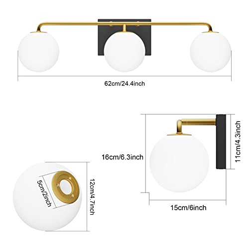 Image of Tipace Mid Century Modern Gold 3-Lights Vanity Light Fixtures with Milky White Glass Ball Shades Industrial Vanity Lighting Over Mirror Wall Sconces for Bathroom Dressing Table Bedroom(Exclude Bulb)
