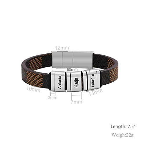 Personalized Mens Leather Bracelet With Custom Beads For Dad,Husband Customized Id Leather Bracelets With 1/2/3/4/5/6 Names Engraved For Grandfather Family Name Beads Cuff Bangle Gift For Fathers Day (01-Black, 3 Beads) #TOP3