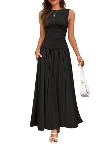 ZESICA Women's Summer Sleeveless Maxi Dress 2025 Casual Crewneck Pleated Flowy Long Dress with Pockets