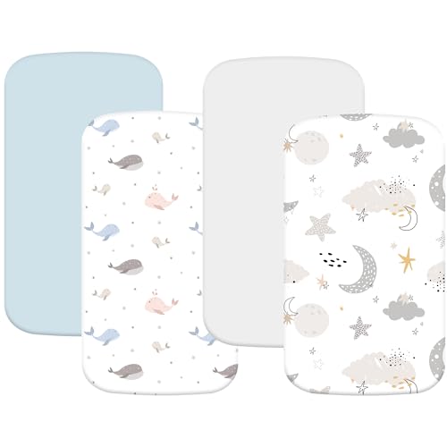 Image of 4 Pack Bassinet Fitted Sheets Compatible with 21 inch x 35 inch Amke, Ezebaby, Evolur Stellar and Mereryi Baby Bassinet, Soft and Skin-Friendly, Blue Dolphin & Cloud