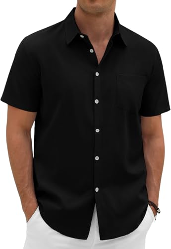Lonya Chemise Lin Homme Manches Courtes Casual Été Chemisette Leger Plage Boutonnée Coupe Régulière Classique Solid Décontracté Tee Shirt, Noir, XXL