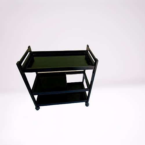 Image of 3-Tier Solid Wood Rolling Bar Cart - Wine Serving Cart & Kitchen Storage with Seasoning Rack (Brown Polish) - Style 14