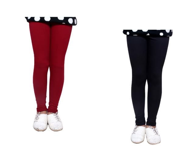 Image of KAYU Girls Solid Soft Cotton Slim Fit Leggings Pants Pack of 2 Maroon::Black