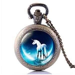 Nieuwe 2016 Mens Brons Eenhoorn Mannen Vrouwen Pocket Horloge met Ketting Mythische Maan Ketting