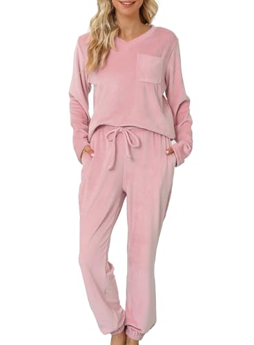 Lovasy Fleece Schlafanzug Damen Winter Lang Velour Warm Pyjama Set Langarm Hausanzug Schlafanzüge für Damen mit Taschen,Hellrosa,M