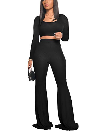 Sweat Suits for Women Set Slim Crop Top Shirts Bell Bottoms Jumpsuit Set Rompers Large Black