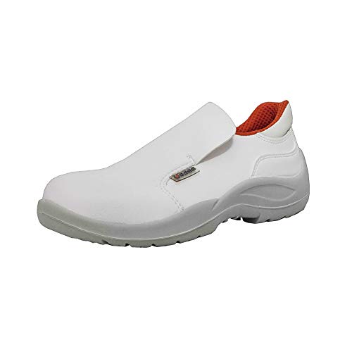 Tomaia in microfibra idrorepellente; elastico in Lycra adattabile alle diverse altezze del piede; puntale in acciaio; disponibile in bianco e arancione (EU 35-48/UK 3-13)