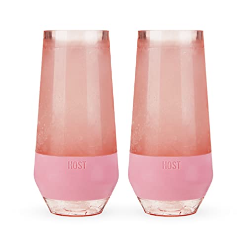 Image of HOST Champagne Freeze Double-Walled Stemless Wine Glasses Freezer Cooling Cups with Active Cooling Gel and Insulated Silicone Grip, 9 Oz Plastic Tumblers, Blush Tint, Set of 2