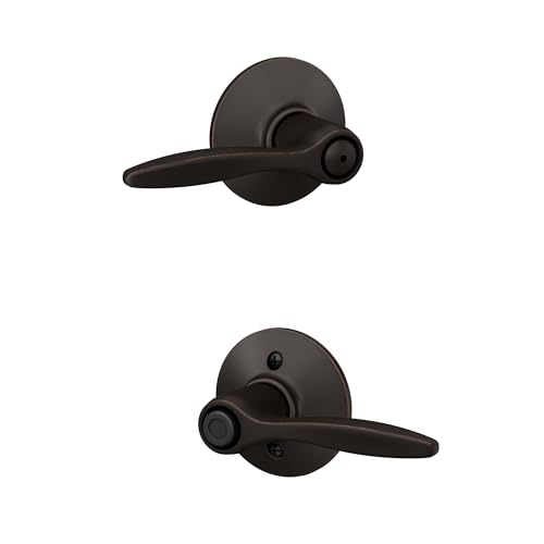 Image of Schlage Delfayo Bed /Bath Privacy Door Handle with Lock, Aged Bronze | Interior bedroom or bathroom door lever with push button lock, Reversible, Easy install, Certified durability, Universal fit