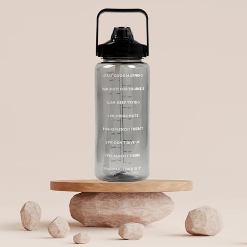 Image of RABBY 2L Motivational Water Bottle for Kids & School Use | Time Marker, BPA-Free, Leakproof Straw Lid, Carry Strap | Plastic Water Bottle for Travel, Sports, Gym, Office, (Black 1Pcs)